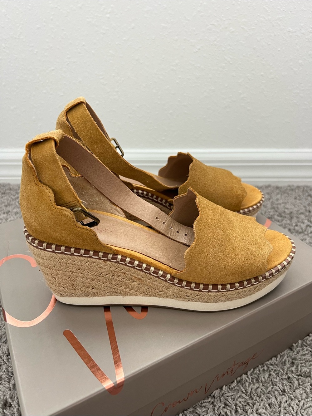 Crown Vintage Mustard Suede Espadrille Wedge Sandals